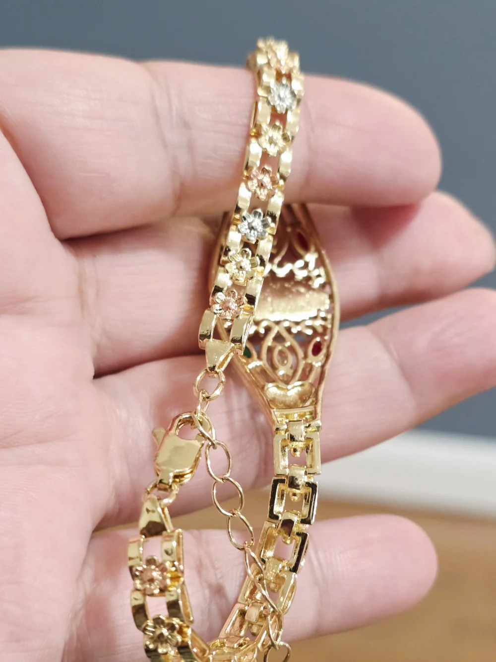 18k Gold Plated Tone Religious Bracelet with Red & Green Stones